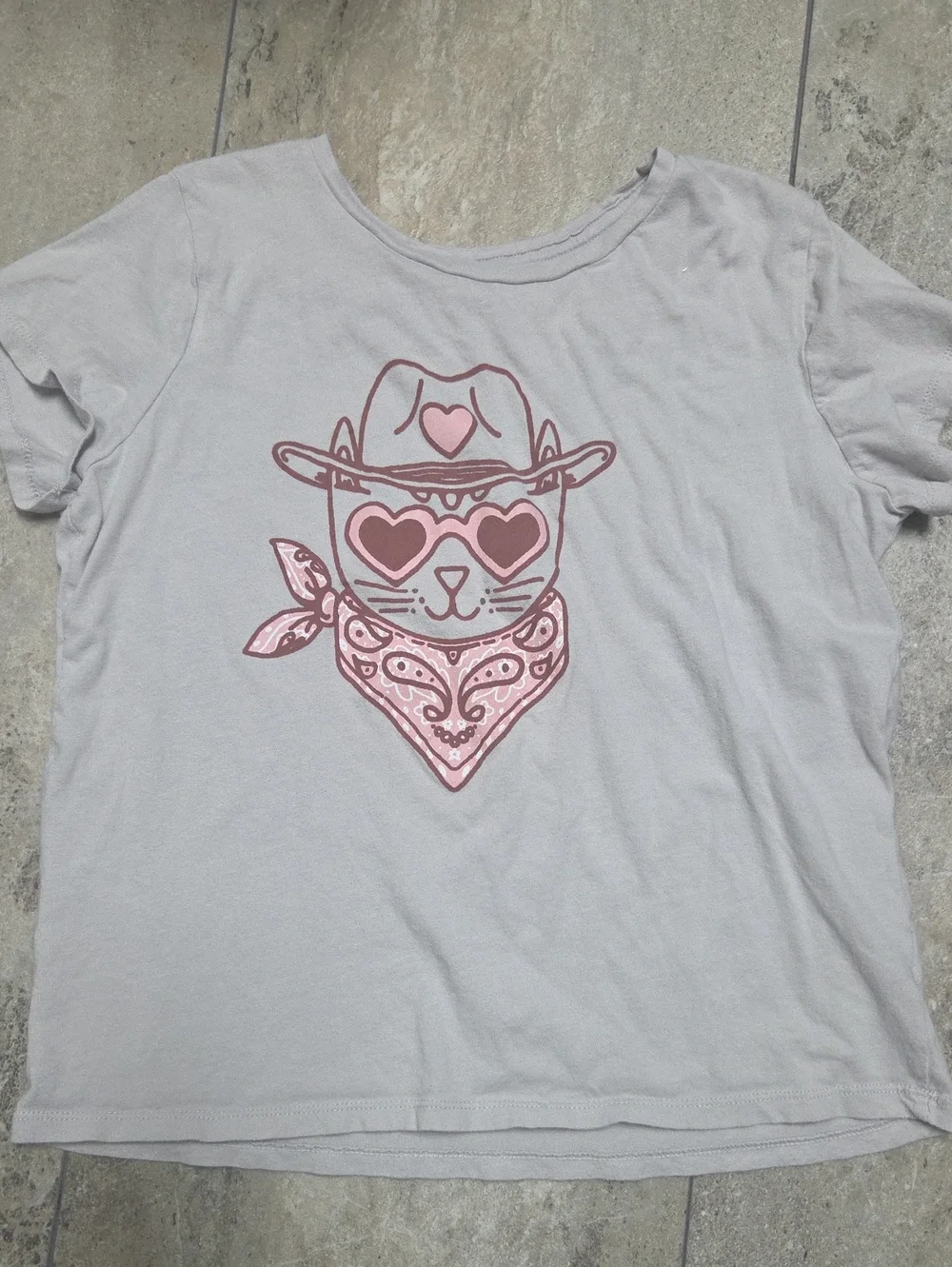 Old Navy Light Gray Tee with Pink Cat Cowboy Graphic xl 14 16 Plus